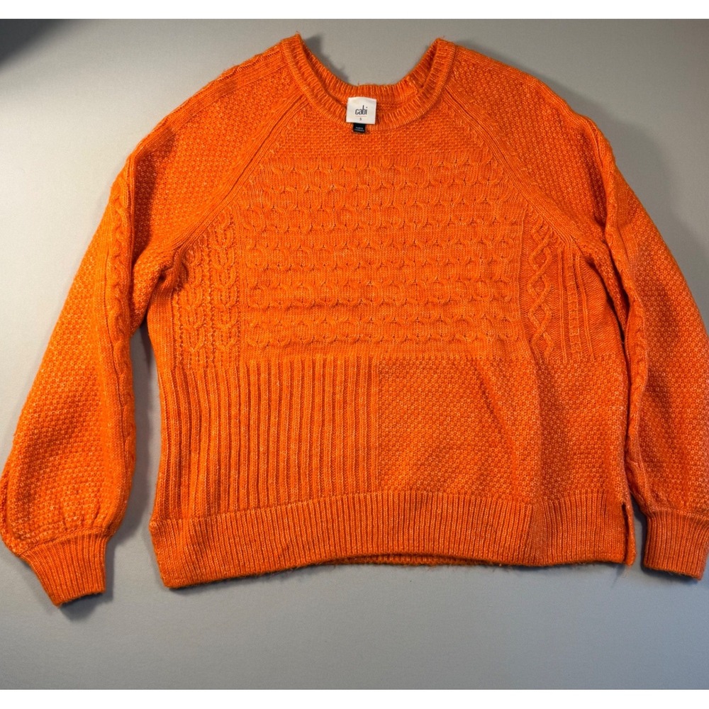 Cabi 4608 Orange Mixed Stitch Cable Honeycomb Knit Sweater Small